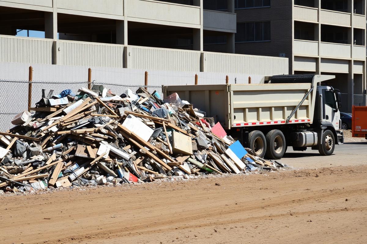 Construction and demolition debris staged beside a hauling truck