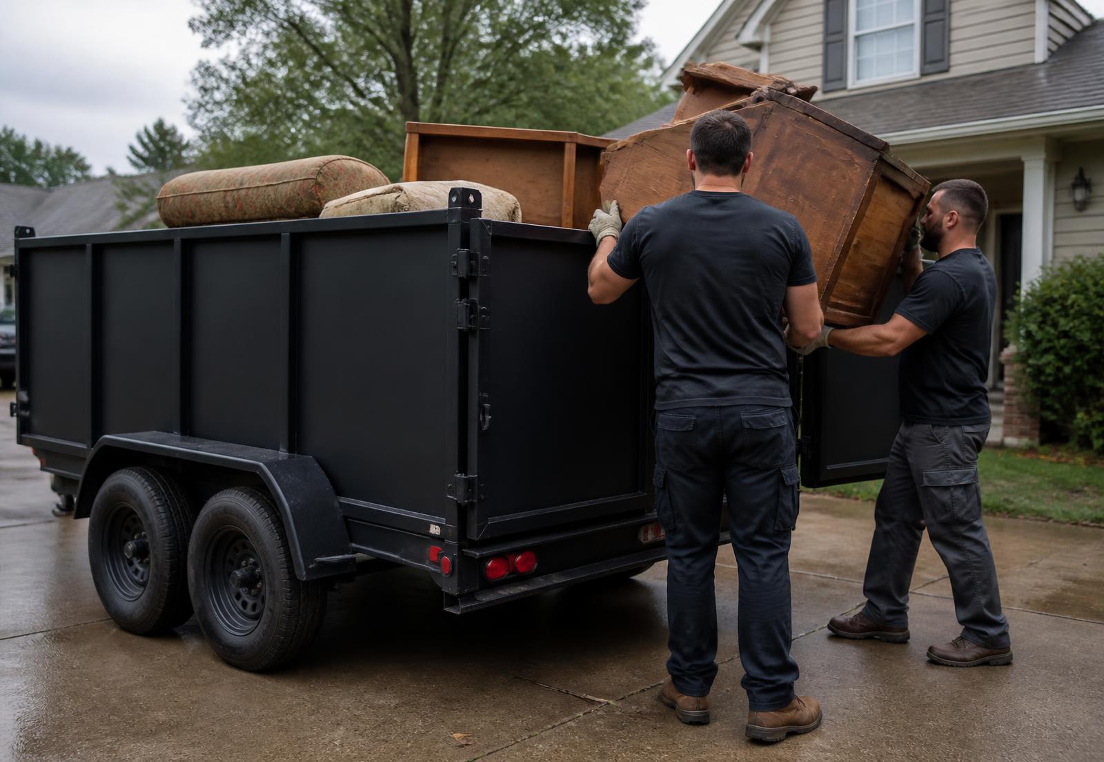 Crew from The Hauling Men loading furniture into a dump trailer at an Atlanta-area home